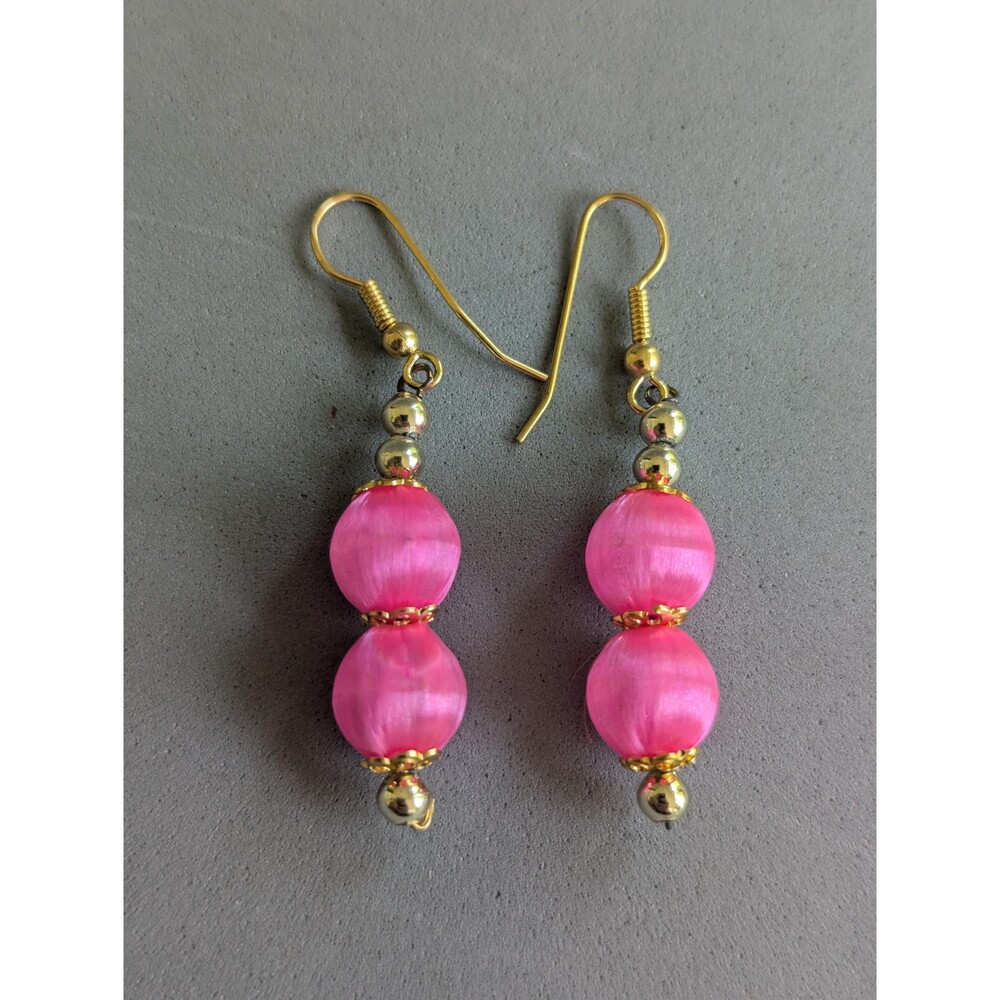 NOS Hot Pink Silk Thread Wrapped Bead Dangle Earrings – Boho Textile Jewelry